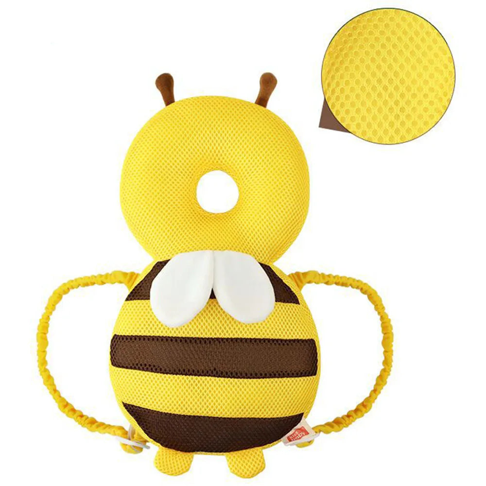 Yellow and brown striped toddler head protector backpack with adjustable straps