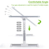 A silver adjustable foldable laptop desk with a four-gear adjustment mechanism shown in various angles.