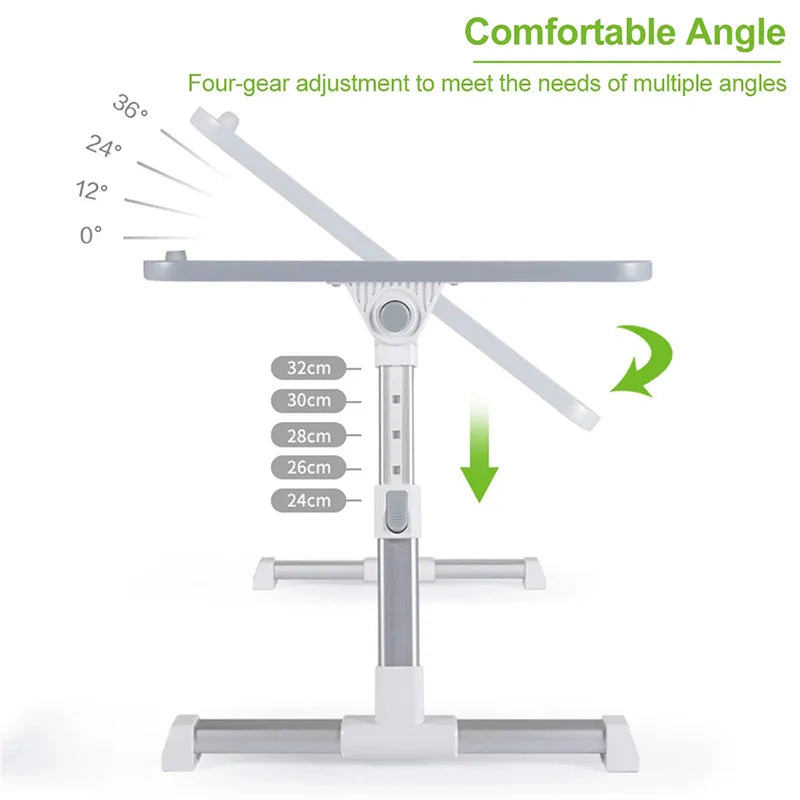 A silver adjustable foldable laptop desk with a four-gear adjustment mechanism shown in various angles.
