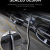 Close-up view of a black door edge protector strip installed on a car door, demonstrating a sealed design.