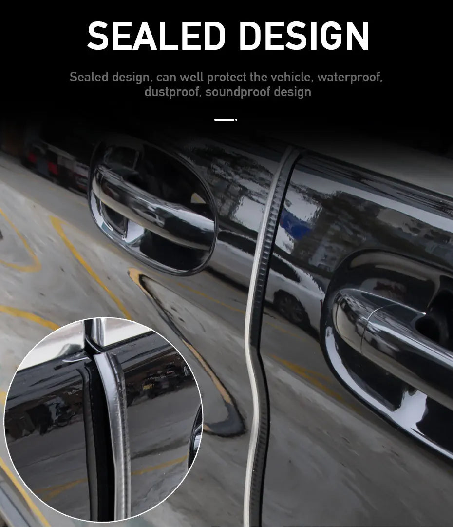 Close-up view of a black door edge protector strip installed on a car door, demonstrating a sealed design.