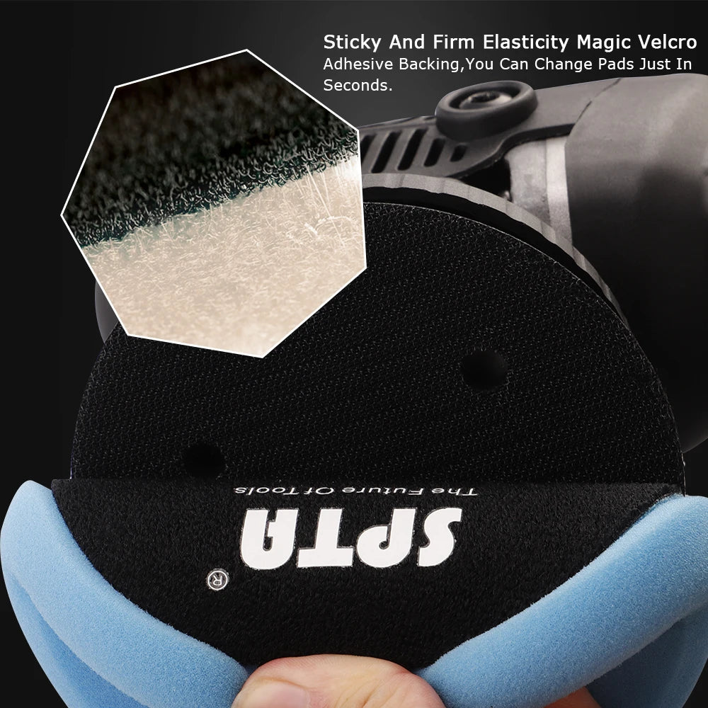 A black polishing pad with a clear adhesive backing is shown next to a blue tool handle.