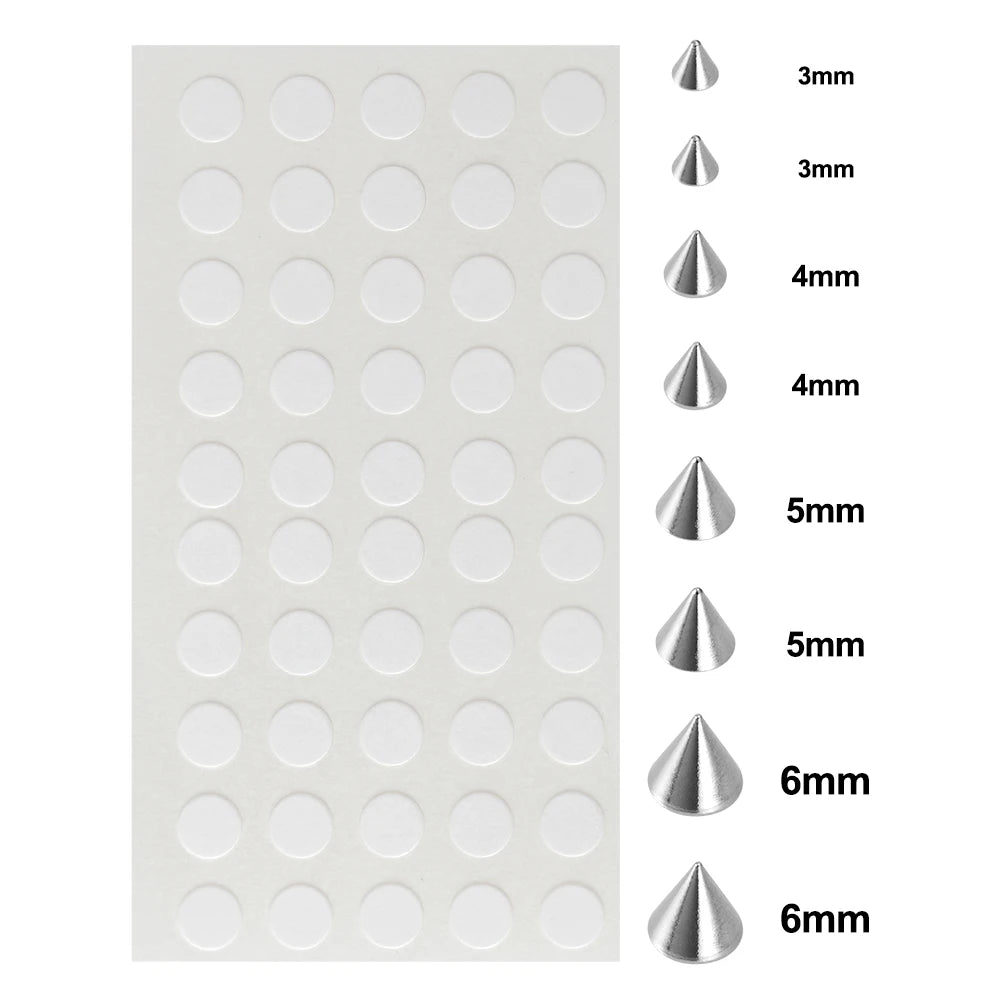 A set of adhesive fake piercing studs in various sizes ranging from 3mm to 6mm.