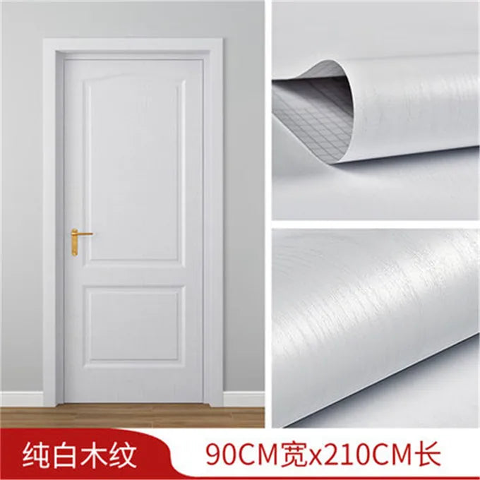 White wood grain self-adhesive wallpaper roll for doors and furniture, showing various textures.