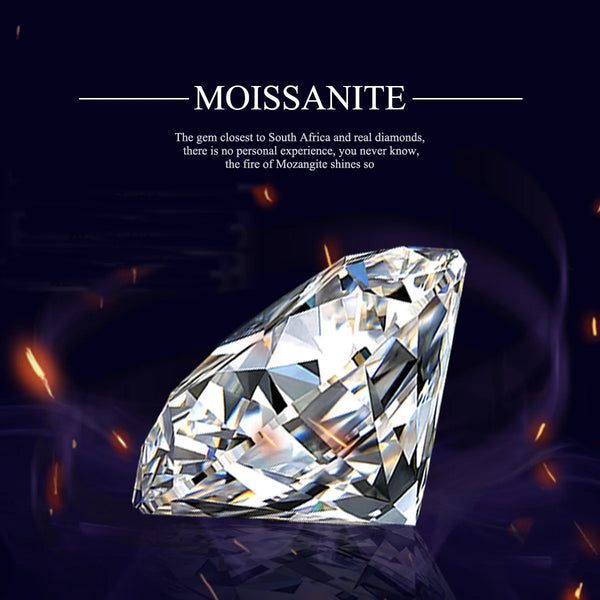 A brilliant cut loose moissanite gemstone is displayed on a dark surface with glowing accents.