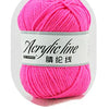 A ball of bright pink acrylic line yarn labeled as 11 ply for knitting and crochet.