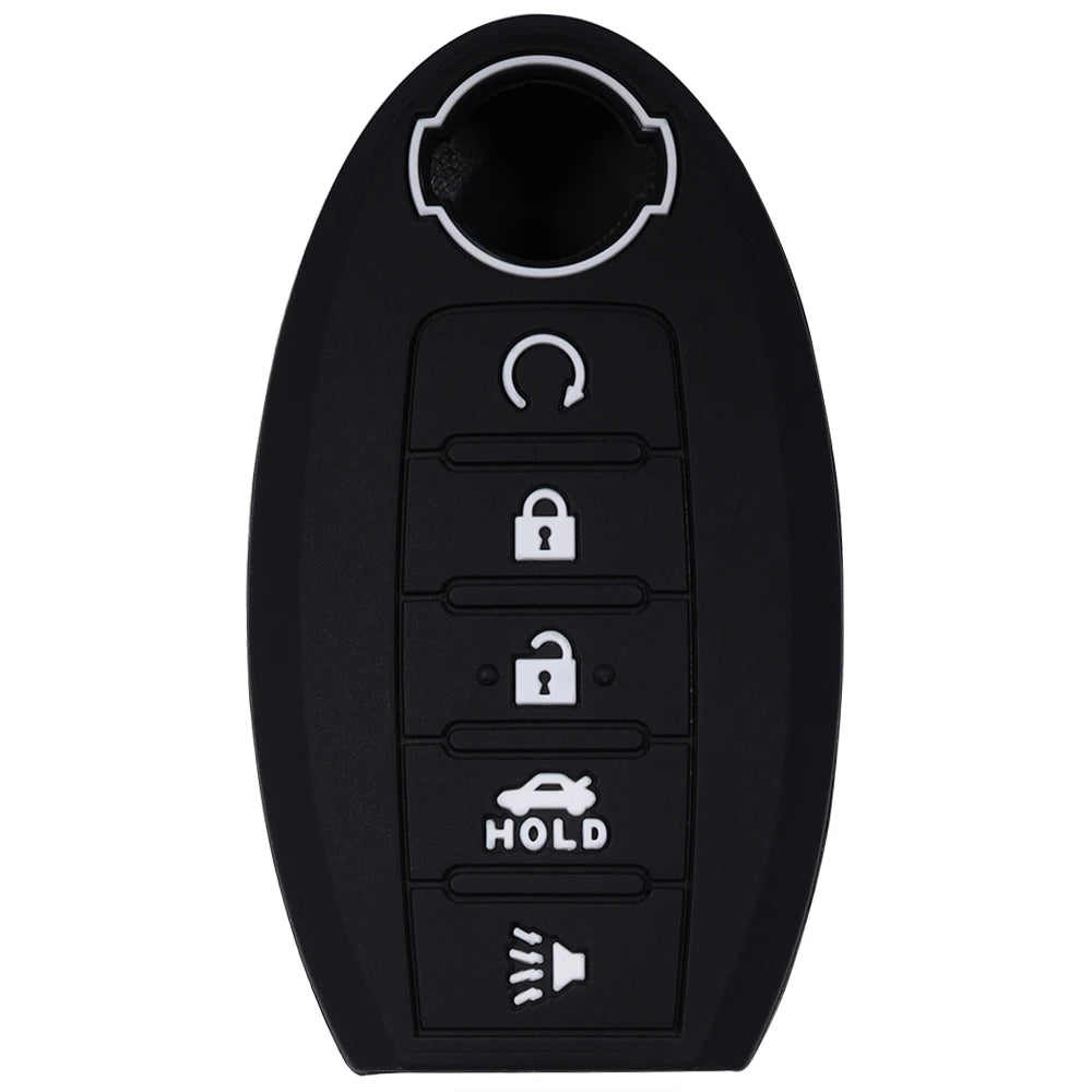 Black silicone key fob cover with a cutout and several buttons for vehicle access.