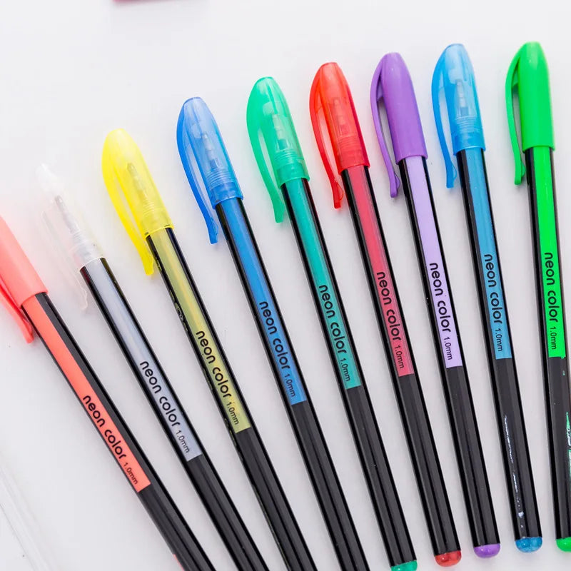 A collection of 24 gel pens in various colors including pastel, metallic, neon, and glitter finishes.