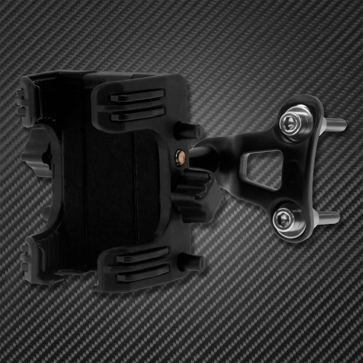 A black universal motorcycle handlebar phone mount designed for Harley-Davidson motorcycles.