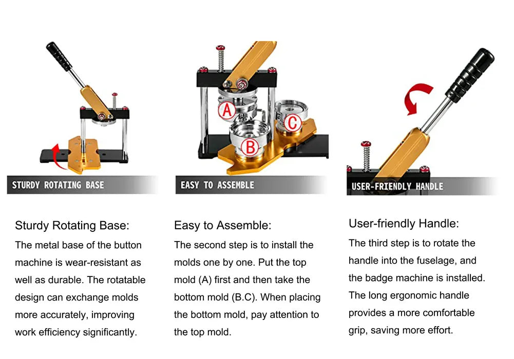 A button maker machine kit showing a sturdy rotating base, an easy assembly process with molds, and a user-friendly handle.