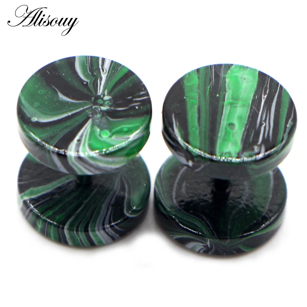 Pair of green and black marbled stainless steel fake gauge ear plugs.