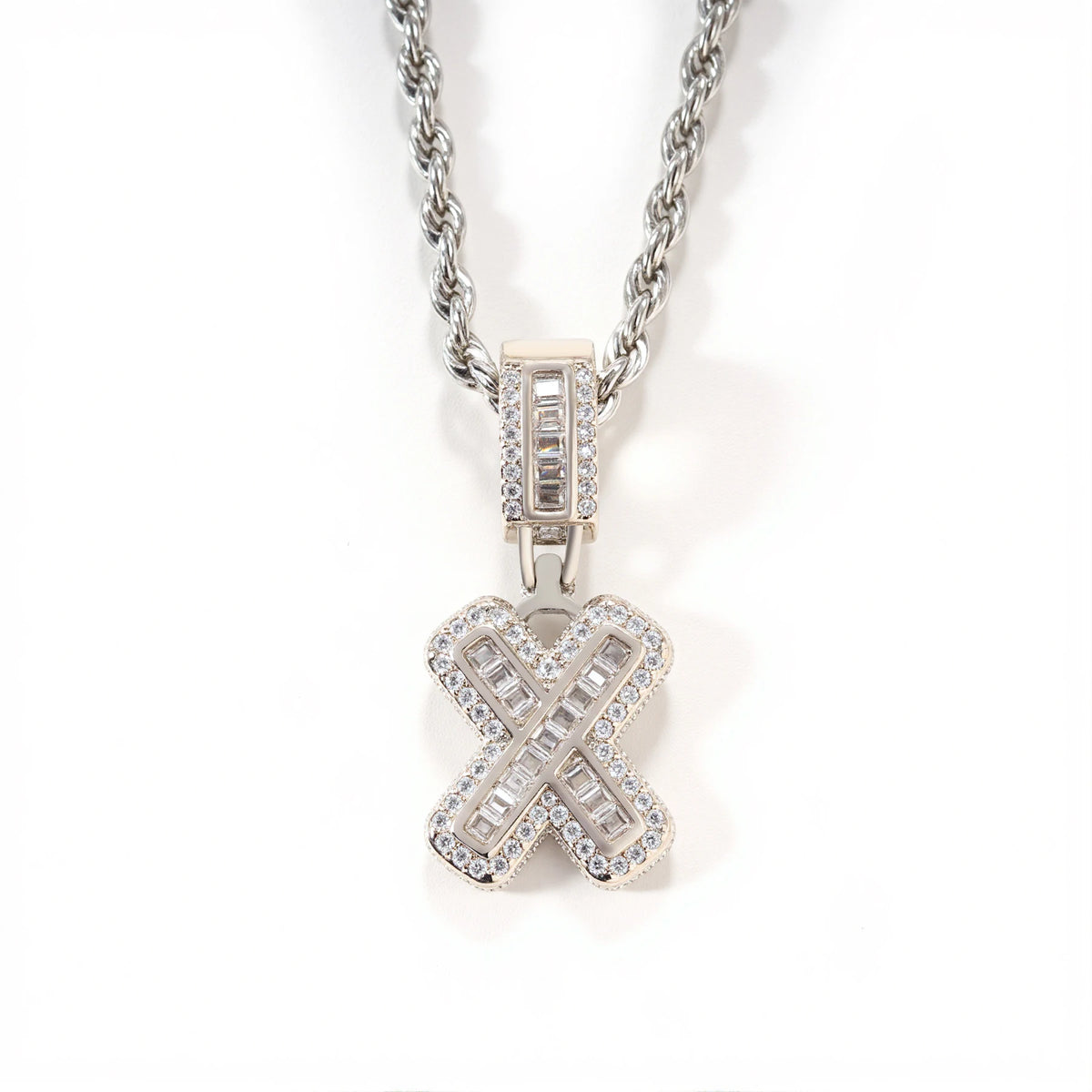 Silver chain necklace with a diamond-encrusted personalized initial letter pendant