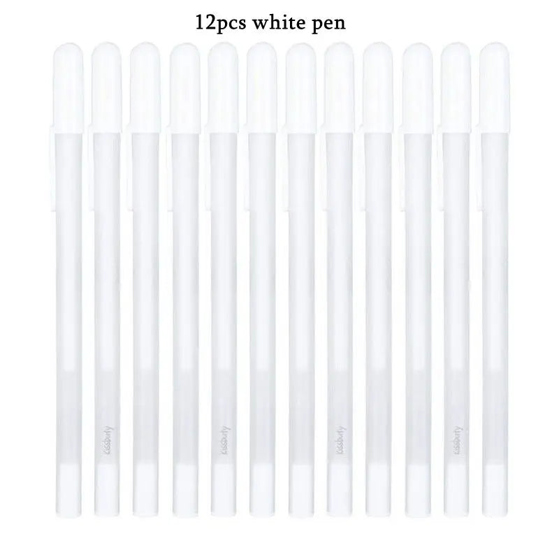 A set of 12 white pens shown vertically arranged.