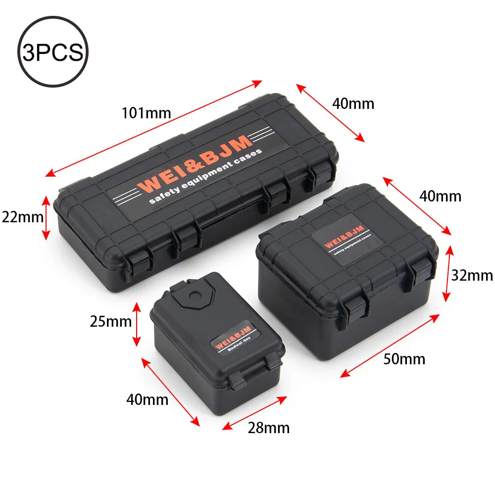 Three black safety equipment cases for an RC crawler decoration set, showing various sizes.