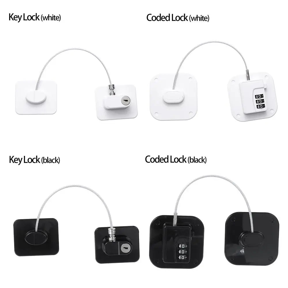 Various models of child safety cabinet locks including key locks and coded locks in white and black.