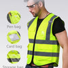 A man wearing a high-visibility reflective safety vest is shown alongside examples of pen bag, card bag, and storage bag.