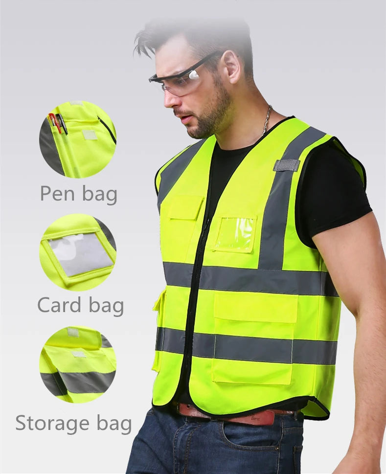 A man wearing a high-visibility reflective safety vest is shown alongside examples of pen bag, card bag, and storage bag.