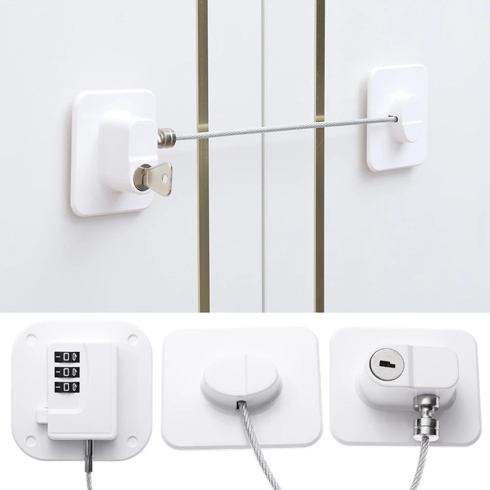 A white child safety cabinet lock mechanism with a key or digital code entry system.