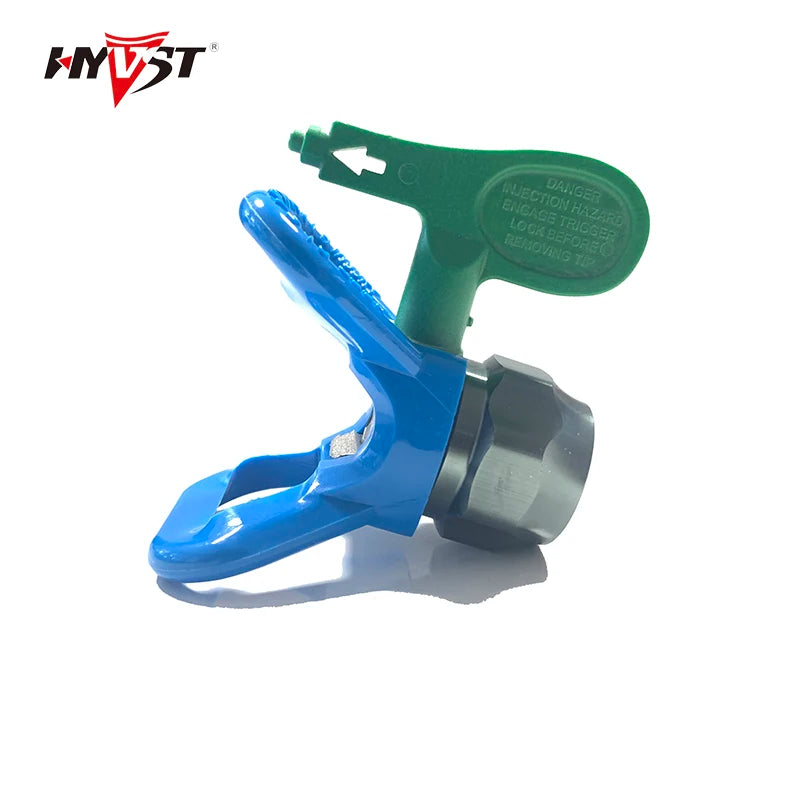 A green nozzle guard and seat assembly for a universal airless paint sprayer, featuring a blue handle.