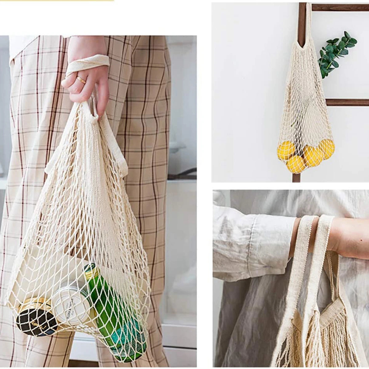 Two beige organic cotton mesh produce bags hanging on a wooden rack and being held by a person.