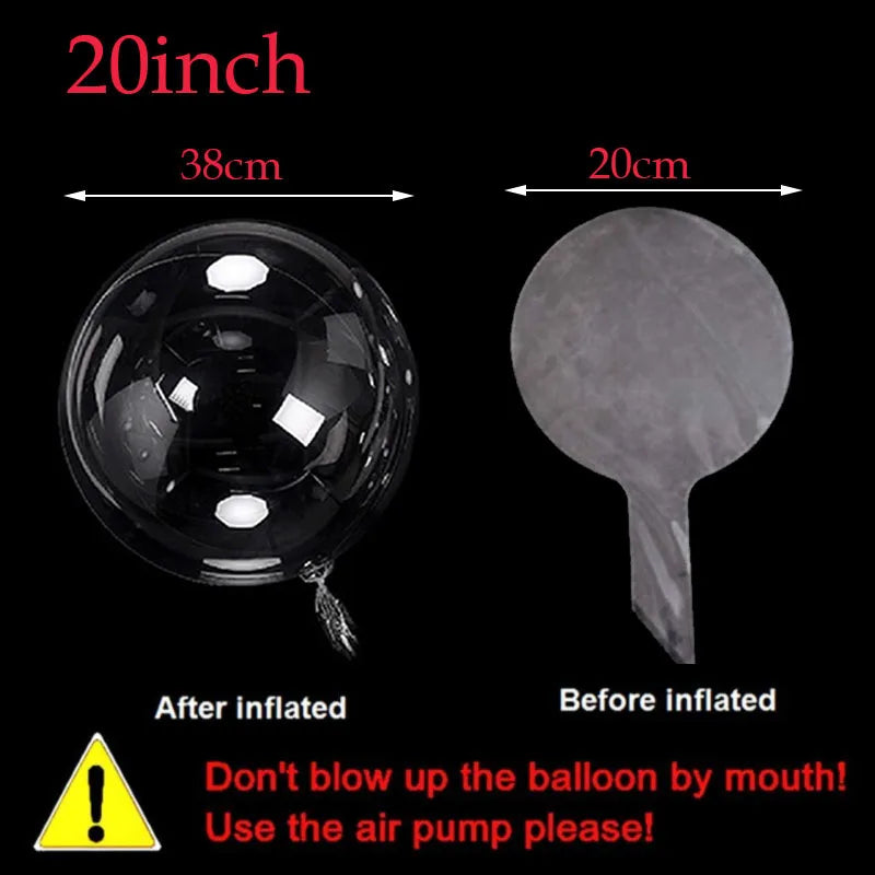 A comparison showing a 20 inch inflated balloon and its deflated state, with instructions to use an air pump.