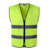 A bright lime green high-visibility safety vest with black trim and reflective stripes.