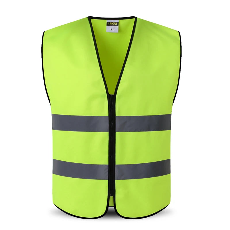 A bright lime green high-visibility safety vest with black trim and reflective stripes.