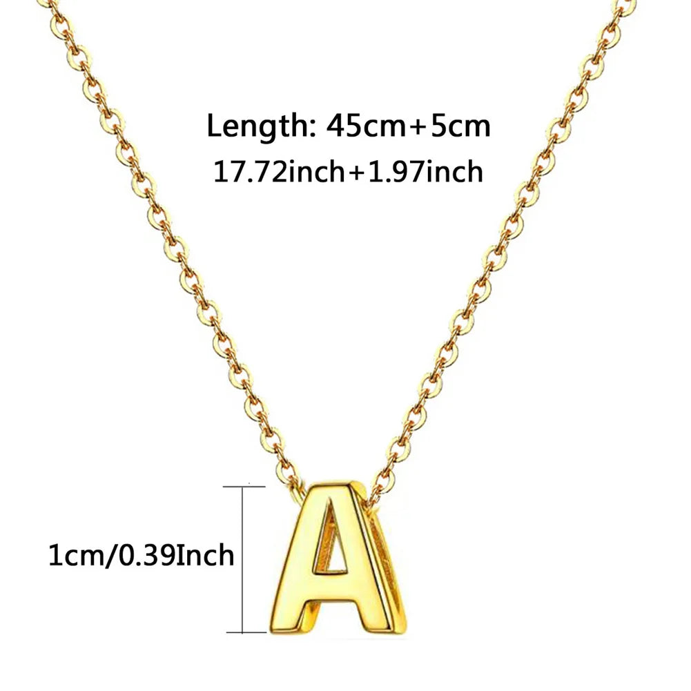 Gold chain necklace with a letter A pendant, measuring 45cm plus 5cm.