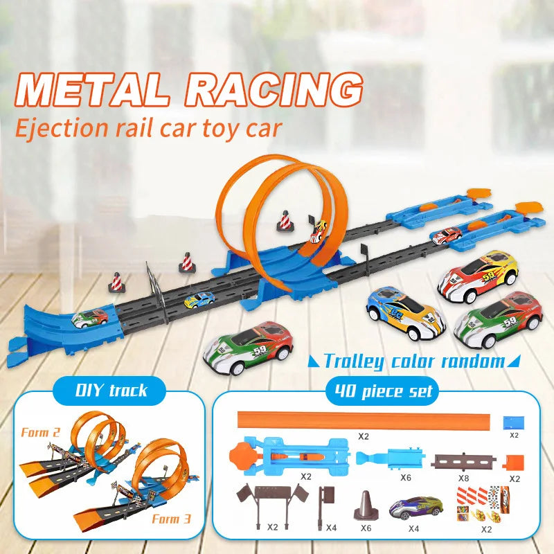 Metal racing ejection rail toy car set with various track forms and components