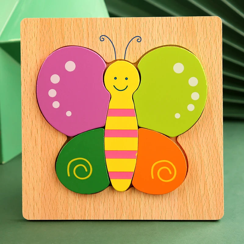 A wooden 3D animal and traffic puzzle set featuring a yellow bee with green and orange parts.
