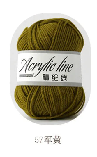 A ball of olive green acrylic yarn labeled Acrylic line with the number 57.