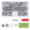 A clear plastic tray containing 200 sets of metal snap fasteners and a pliers tool.