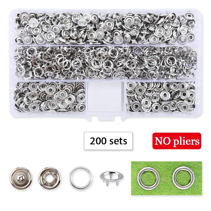 A clear plastic tray containing 200 sets of metal snap fasteners and a pliers tool.