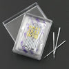 A clear plastic box containing a multi-pack of sewing machine needles with markings like HAX1 15x1 and 1/100.