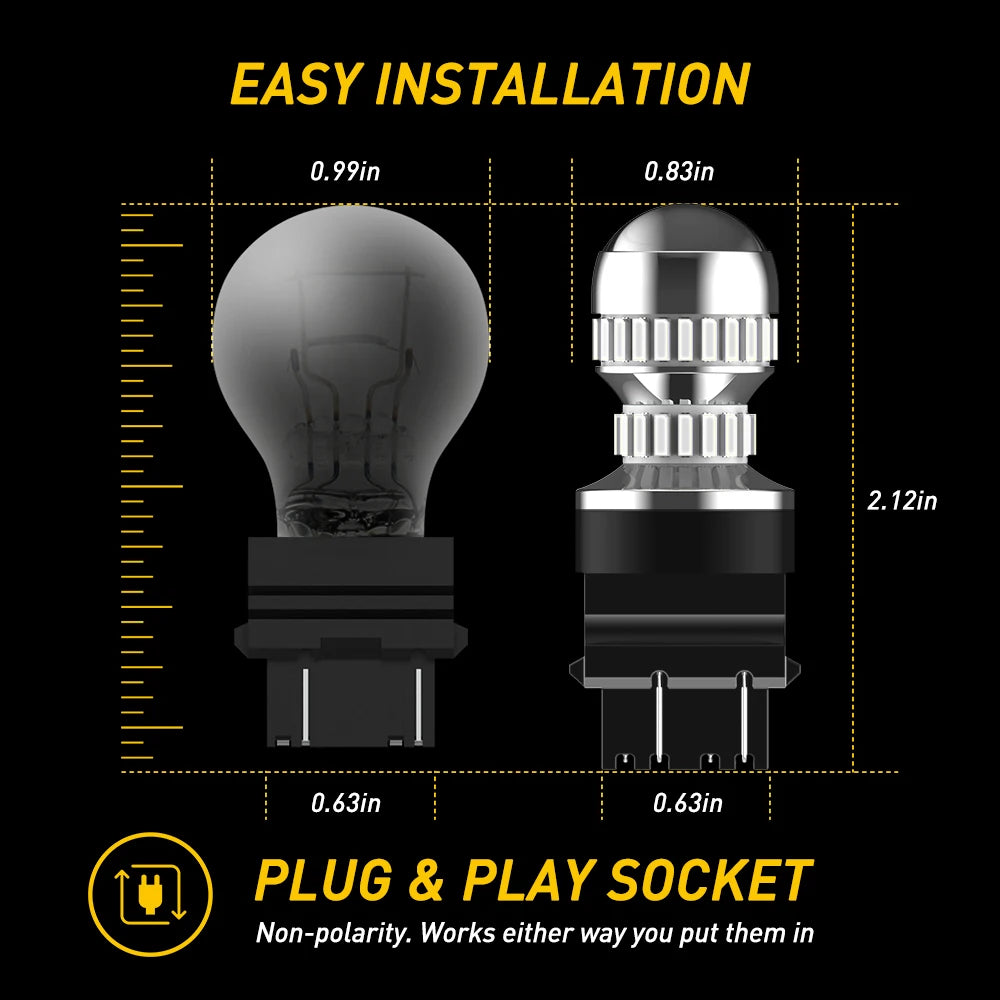 Diagram showing the dimensions of an LED bulb and a plug and play socket for turn signal lights