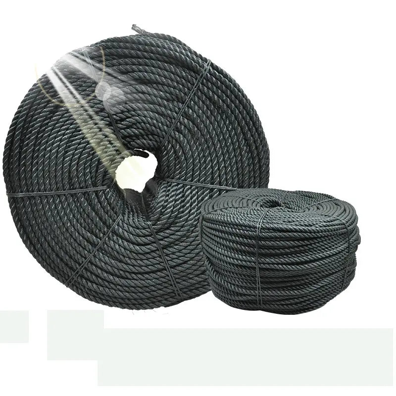 Spool of black heavy-duty polyethylene rope with a white stripe, coiled for outdoor and utility use.