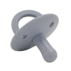 A gray silicone baby pacifier soother with a loop and a protruding tip.