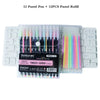 A set of 12 pastel pens and 12 refill pens in various colors including neon and glitter.
