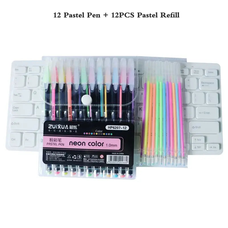 A set of 12 pastel pens and 12 refill pens in various colors including neon and glitter.