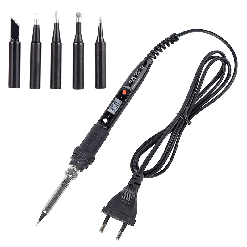 A black soldering iron with an LCD display and a coiled wire, shown alongside various tips.