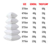 A display chart showing various sizes of white polyester pearl cotton stuffing for pillows and crafts with corresponding weig
