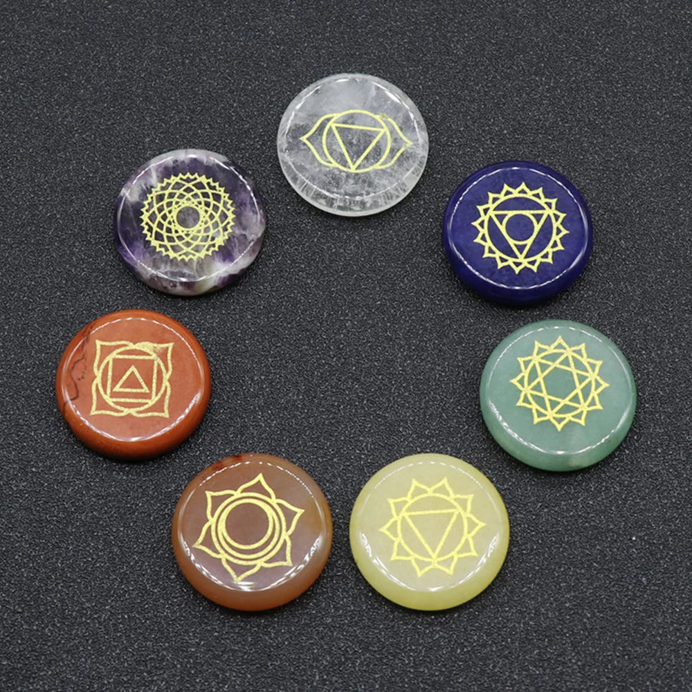 7 Chakra Healing Crystal Stones Set with Engraved Symbols
