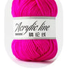 A ball of bright magenta acrylic line yarn labeled Acrylic line 16 strands.