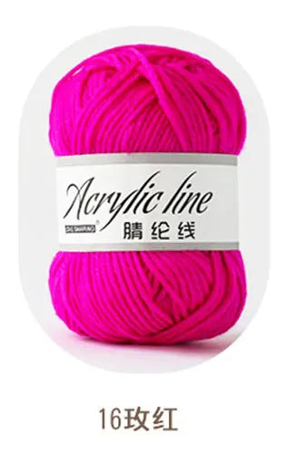 A ball of bright magenta acrylic line yarn labeled Acrylic line 16 strands.
