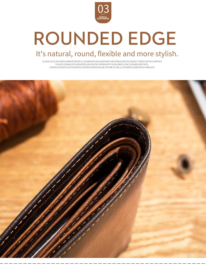 A close-up of a brown leather bifold wallet with rounded edges resting on a wooden surface.