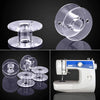 Transparent plastic sewing machine bobbins for quilting and embroidery shown in various views