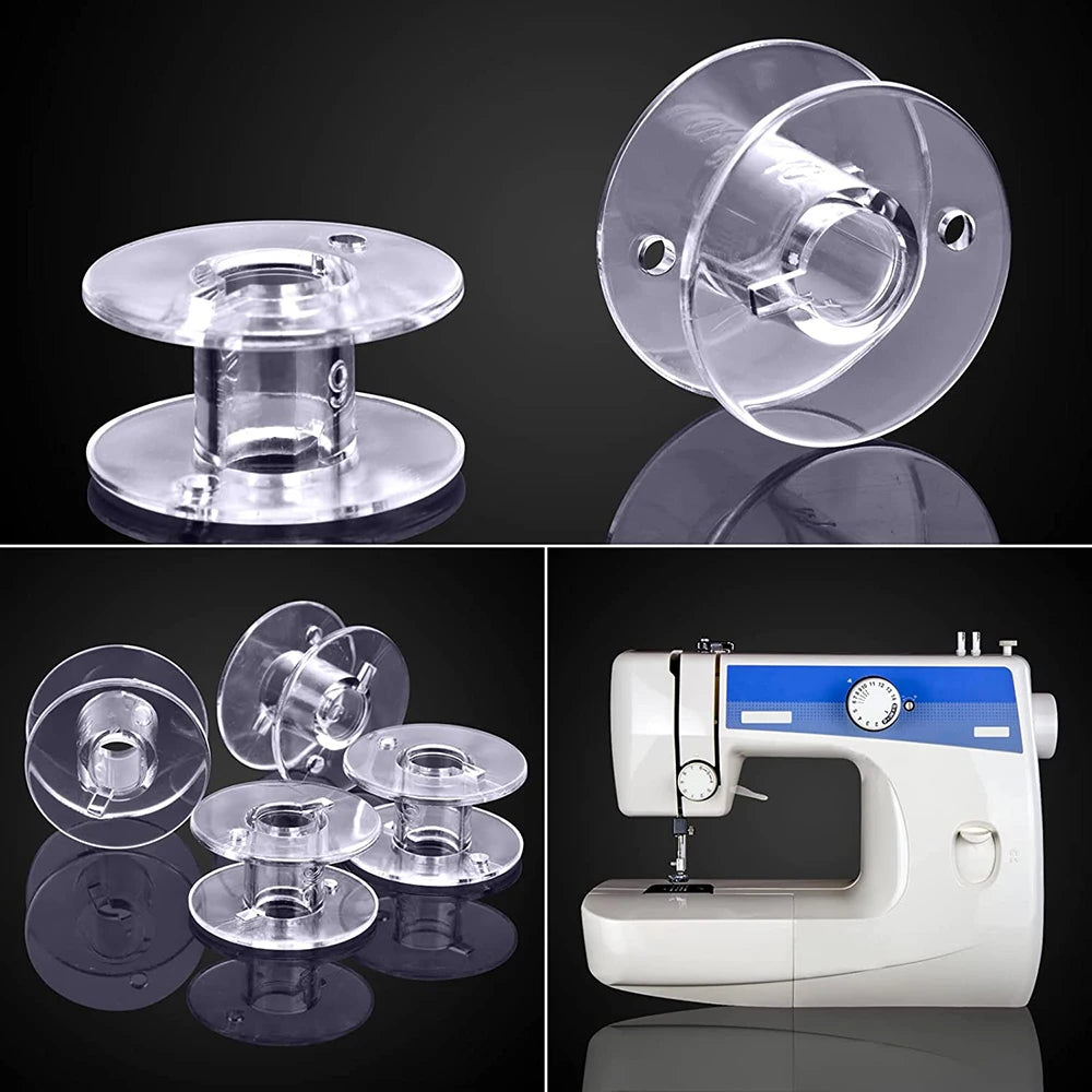 Transparent plastic sewing machine bobbins for quilting and embroidery shown in various views