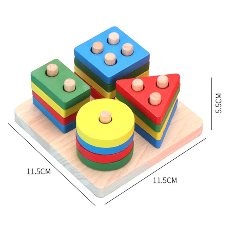 A set of colorful 3D wooden puzzles for toddlers, featuring stacked and layered shapes.