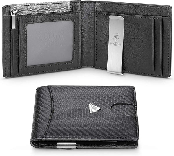 A black slim wallet with a zippered compartment and a leather wallet featuring a carbon fiber texture.