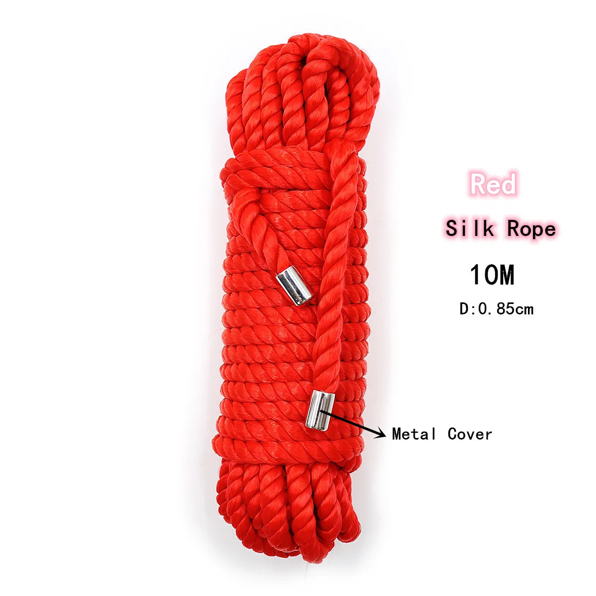 Red silk rope with a metal cover, 10 meters long, coiled for bondage play.
